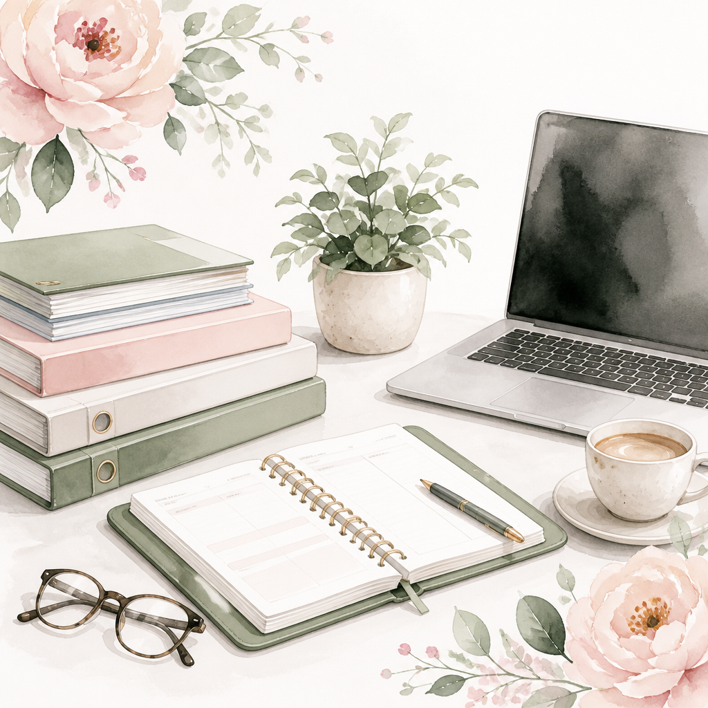 Watercolor illustration of The Sped Specialist frog writing in a journal at a cozy desk